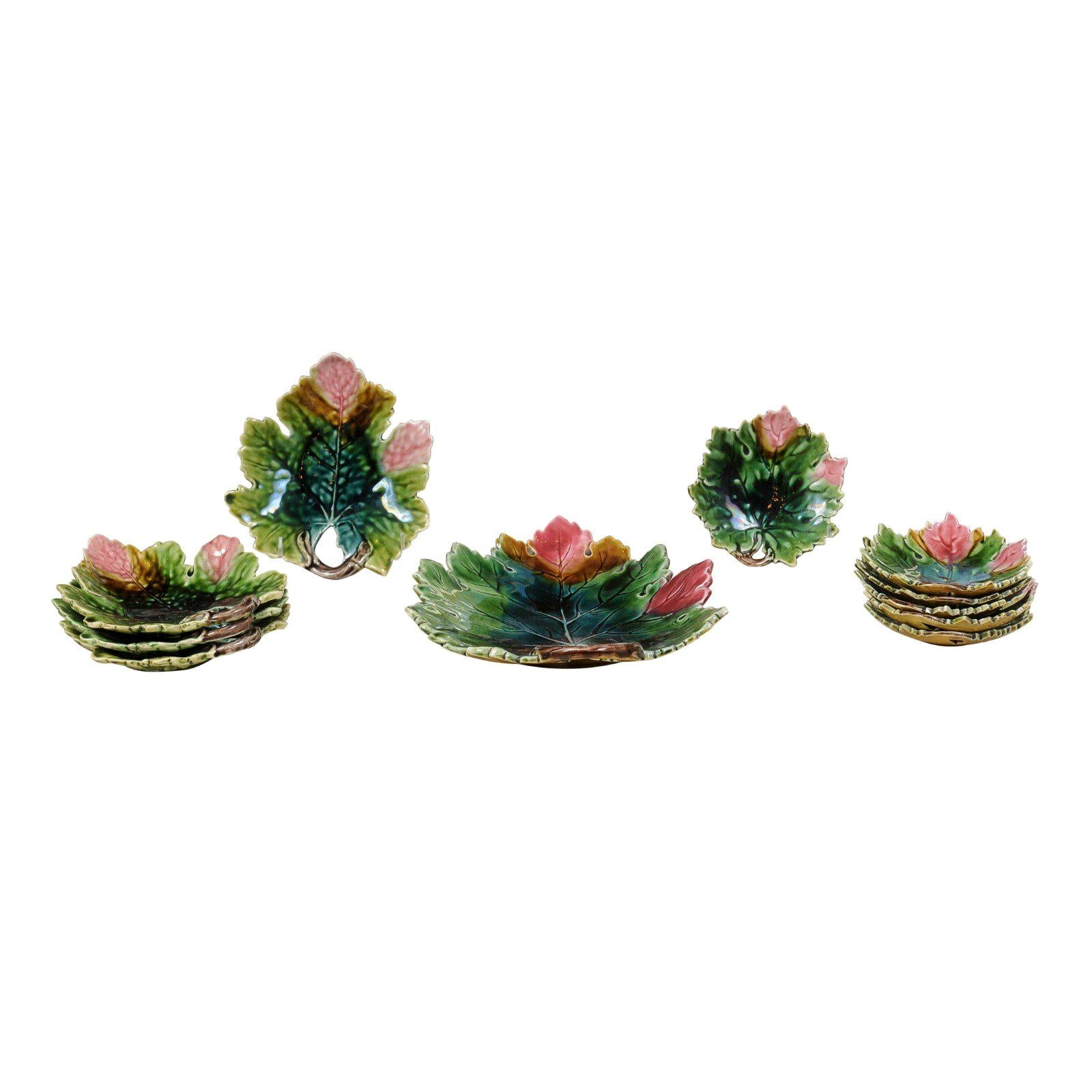 Set of 11 French Majolica Leaf Dinner Plates with Pink, Green and Brown Décor