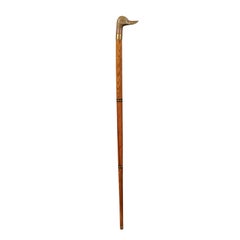 Vintage English Wooden Walking Cane with Brass Duck Head Handle and Ebonized Accents