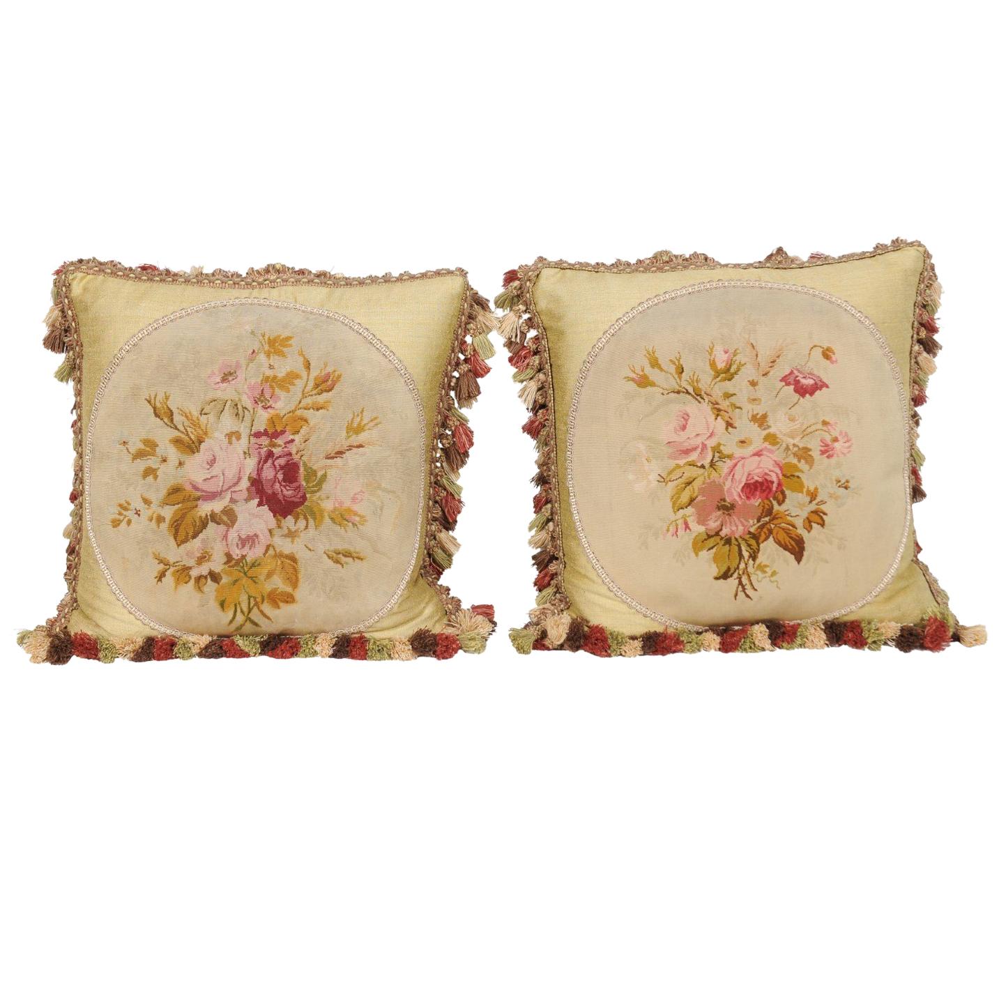 19th Century Aubusson Tapestry Pillows with Bouquets of Roses and Tassels