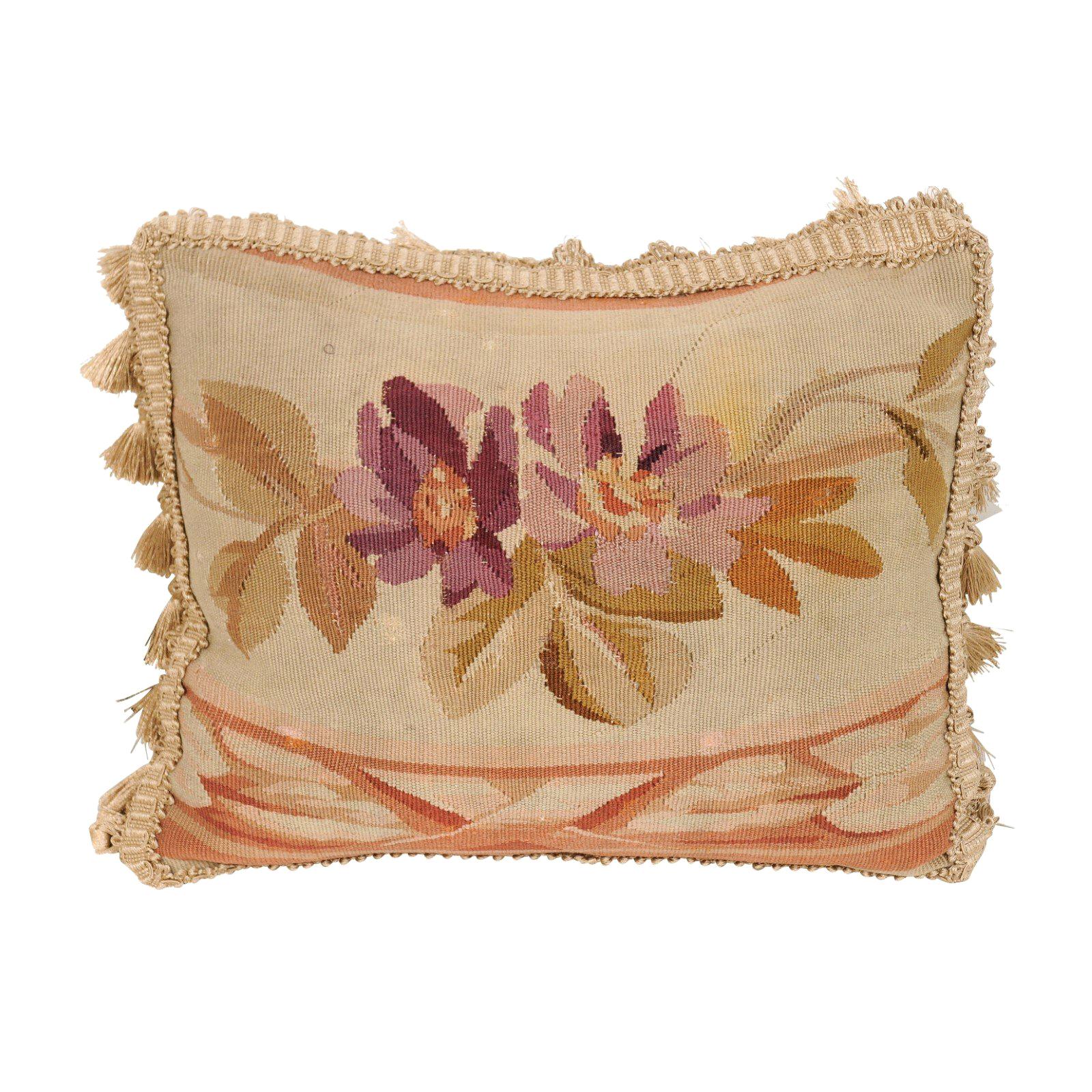 French Aubusson Tapestry 19th Century Pillow with Purple Floral Décor, Tassels For Sale
