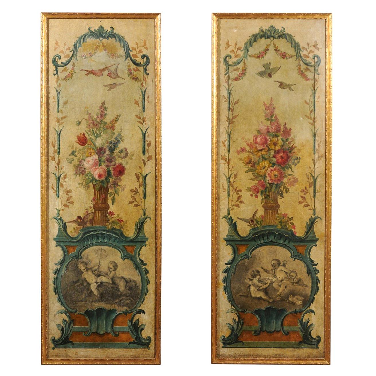 Pair of French 18th Century Louis XV Painted Panels with Floral and Angel Motifs