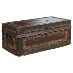 English 1815 Regency Camphor Wood and Leather Trunk with Painted Floral Decor