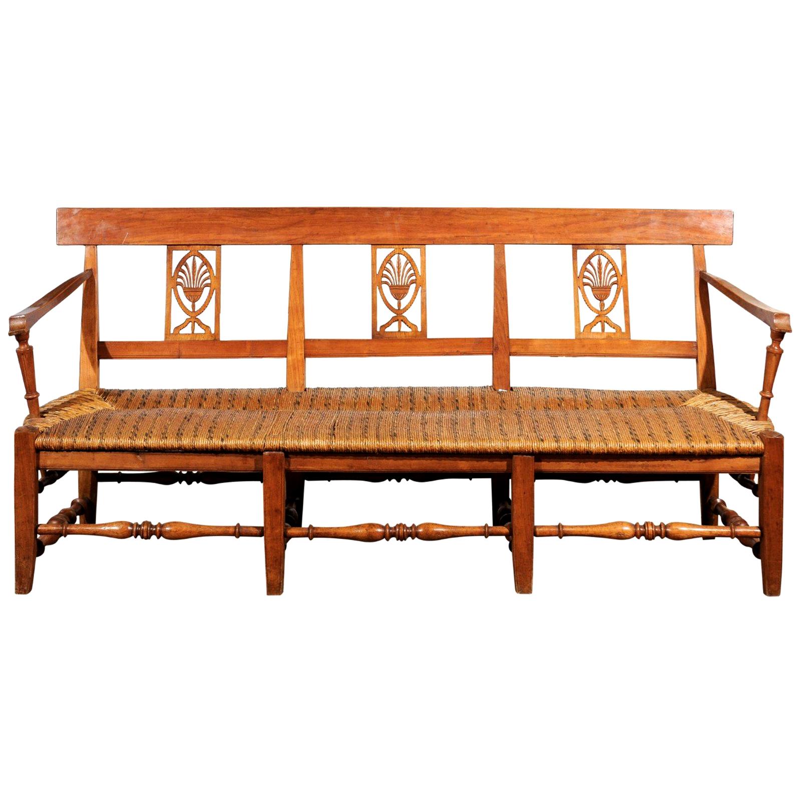 French Provençal Directoire Style 1810s Wooden Bench with Stylized Palmettes