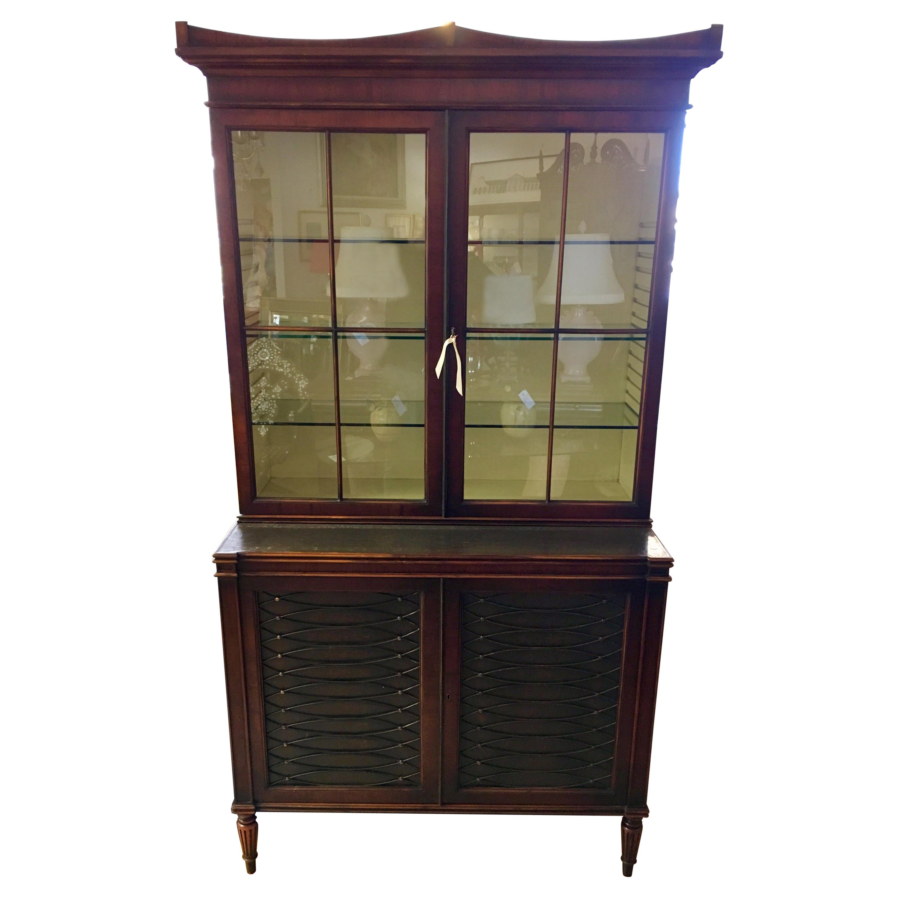 Dark Walnut and Leather Two-Piece Breakfront Rinfret Greenwich, CT China Cabinet