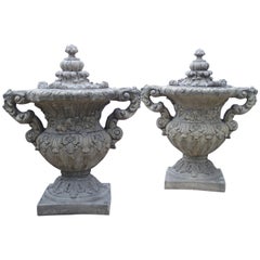 Pair of Cast Renaissance Style Lidded Outdoor Vases from France