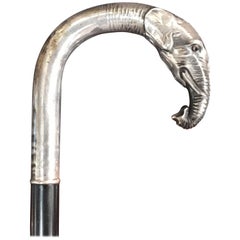 Austrian Sterling and Ebony Elephant Motif Cane or Walking Stick