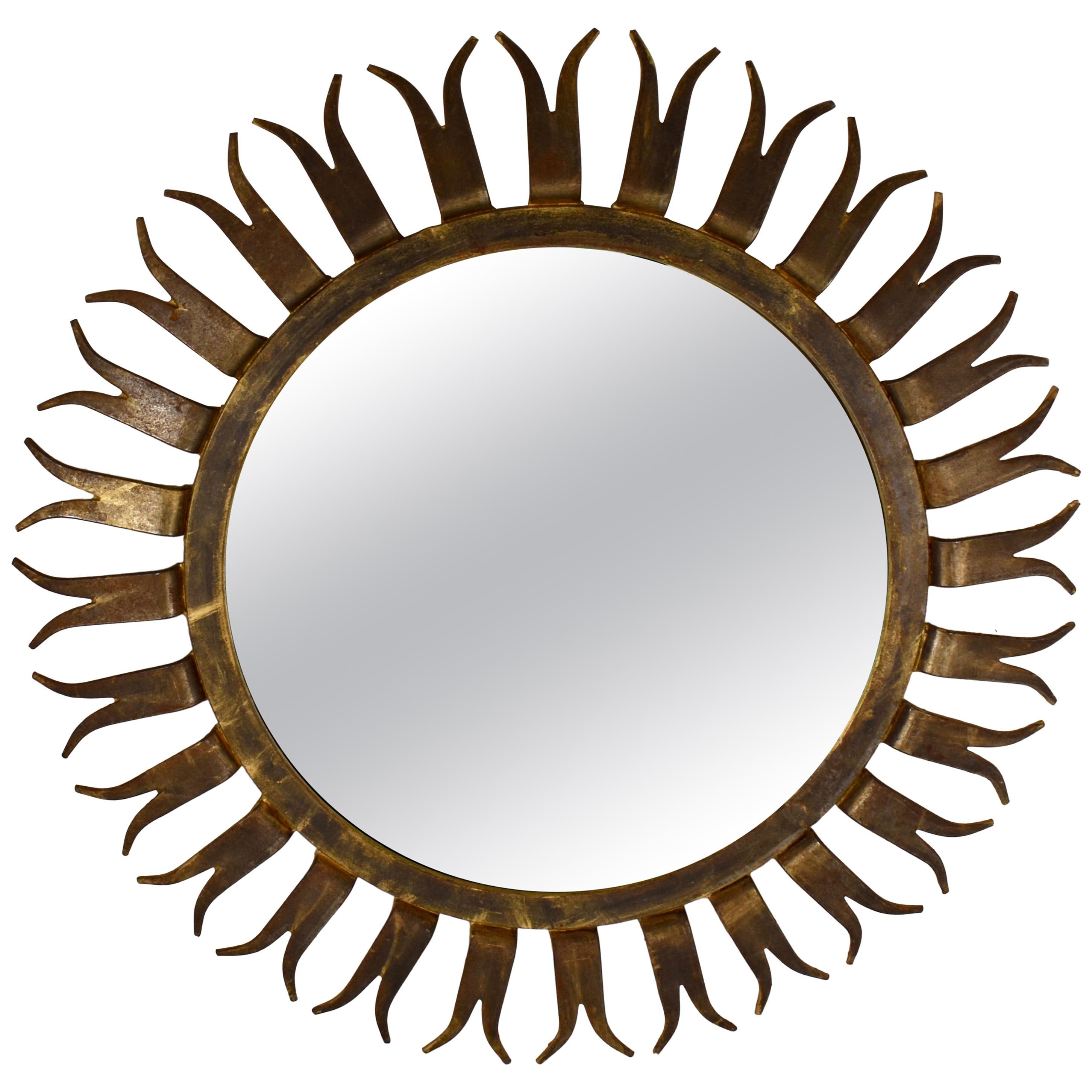 French Midcentury Gilded Wrought Iron Forked Ray Sunburst Wall Mirror