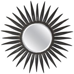 Vintage French Midcentury Black Wrought Iron Tapered Ray Sunburst Wall Mirror