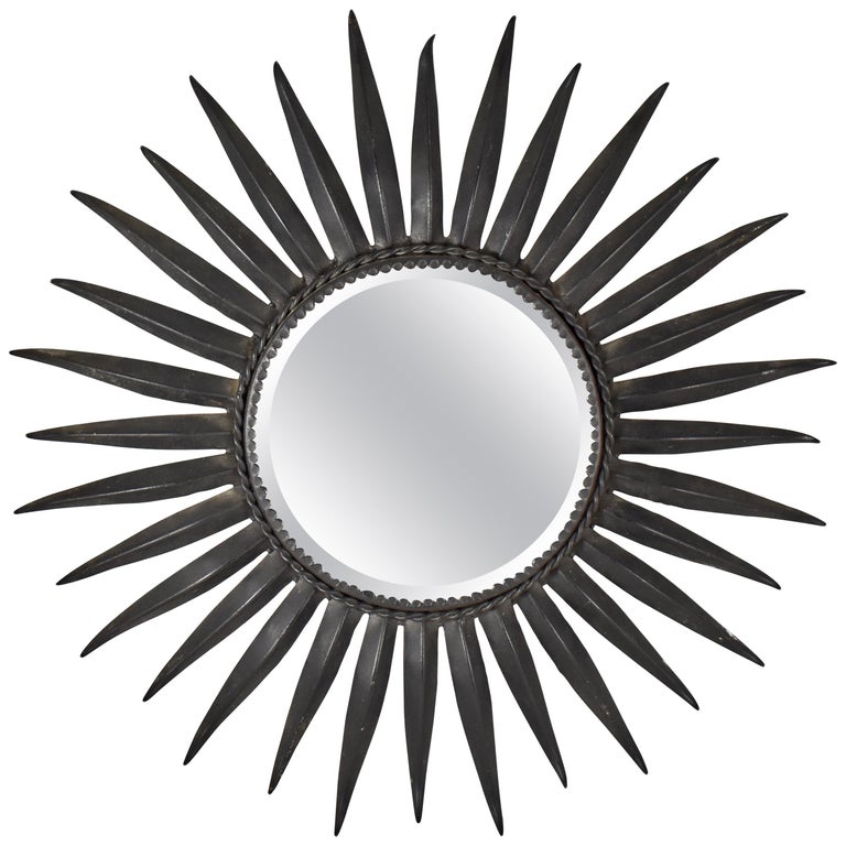 French Midcentury Black Wrought Iron Tapered Ray Sunburst Wall Mirror
