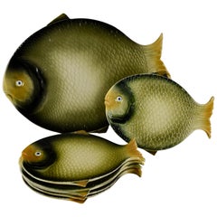 Vintage Mid-Century Modern Era Northern Italian Faïence Majolica Fish Service, Set of 7