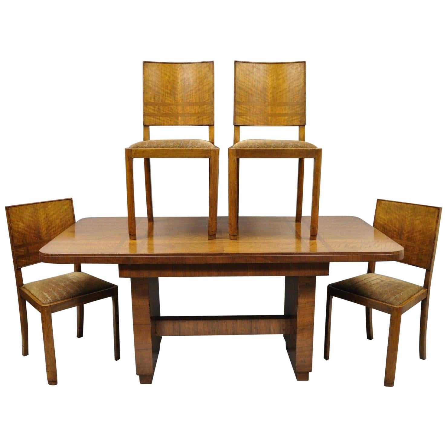 French Art Deco Mahogany Inlaid Dining Set, 4 Side Chairs and Dining Table