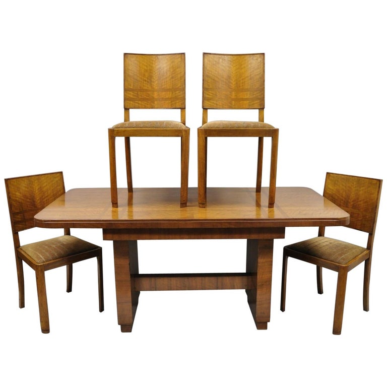 French Art Deco Mahogany Inlaid Dining Set, 4 Side Chairs and Dining