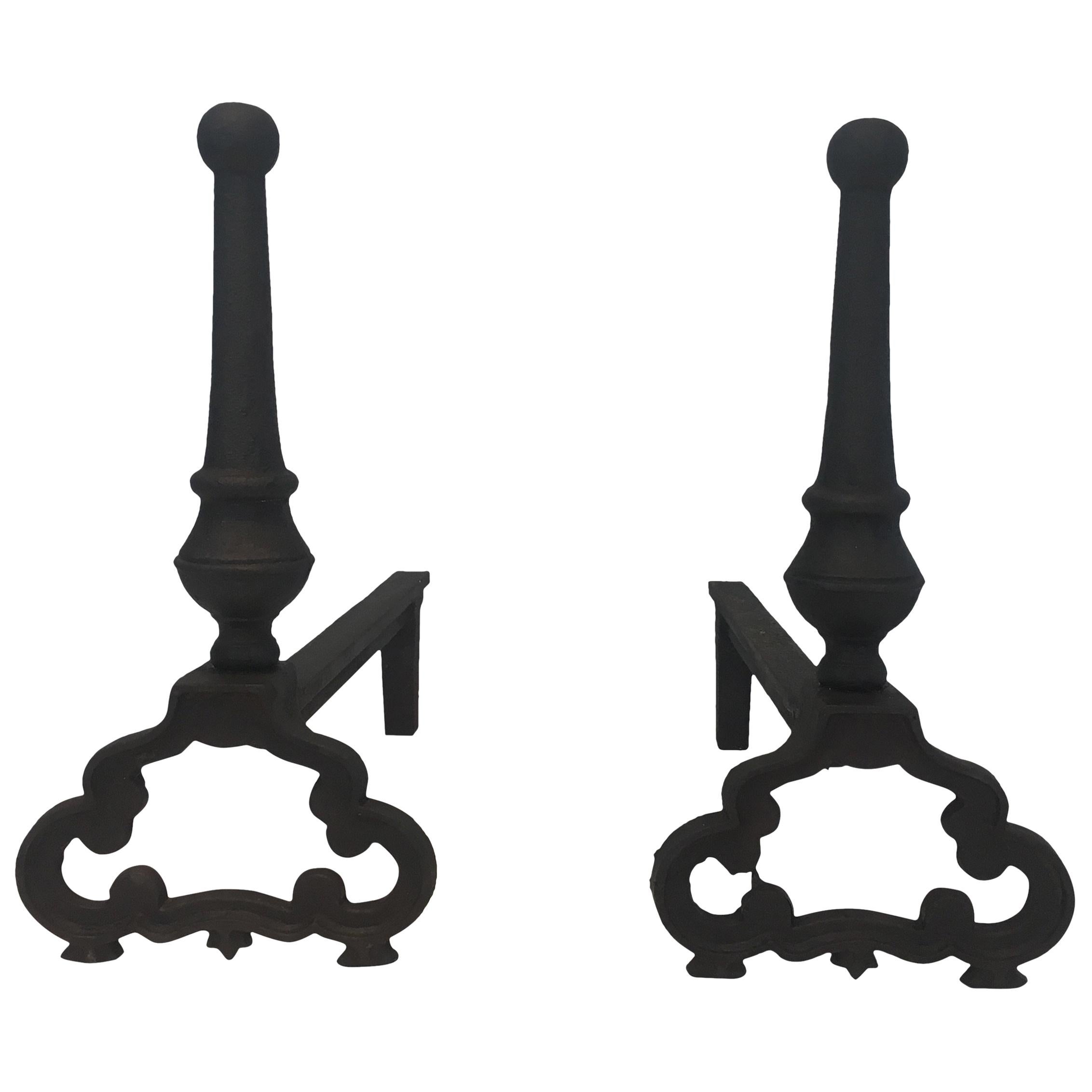 Pair of Wrought Iron and Cast Iron Andirons, French, circa 1940
