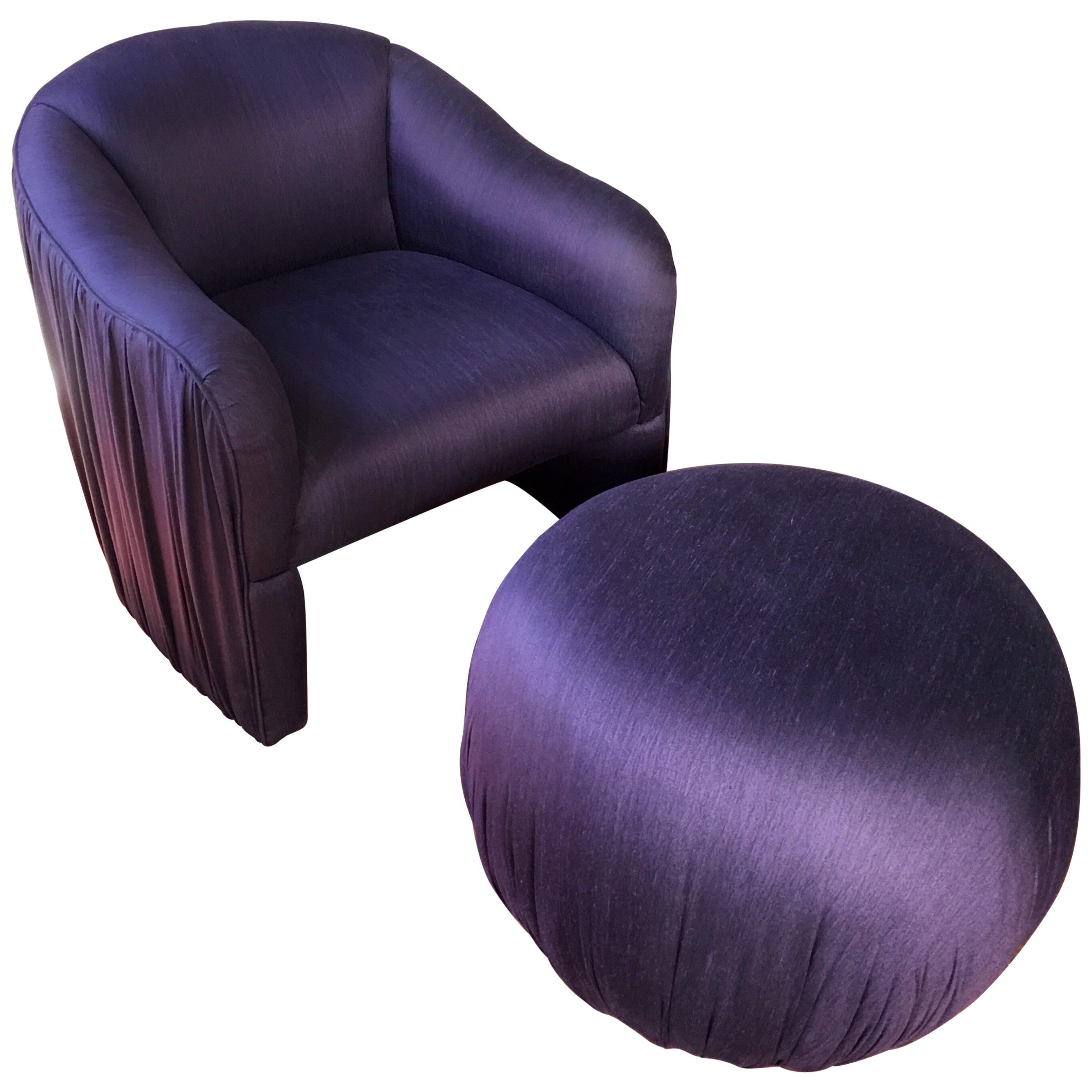 Sculptural Purple Ruched Lounge Chair and Souffle Pouf Ottoman Set, 1980s
