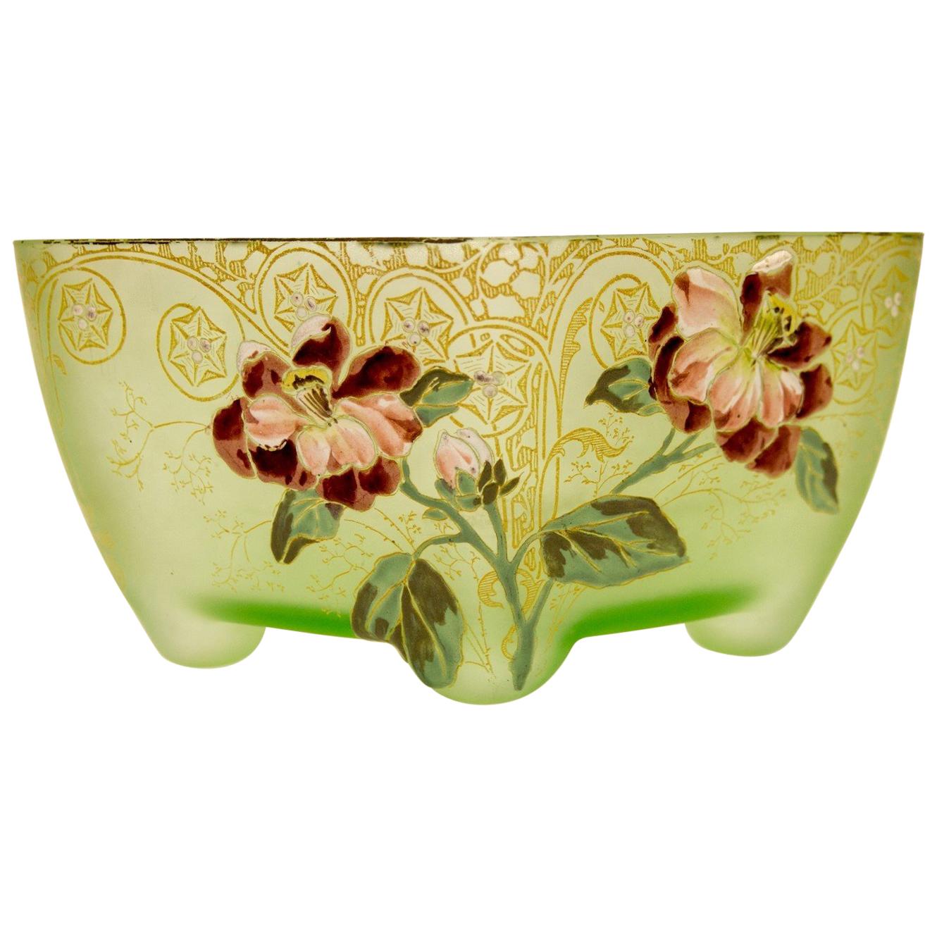 Art Nouveau Square Glass Bowl with Flowers and Ornaments at 1stDibs