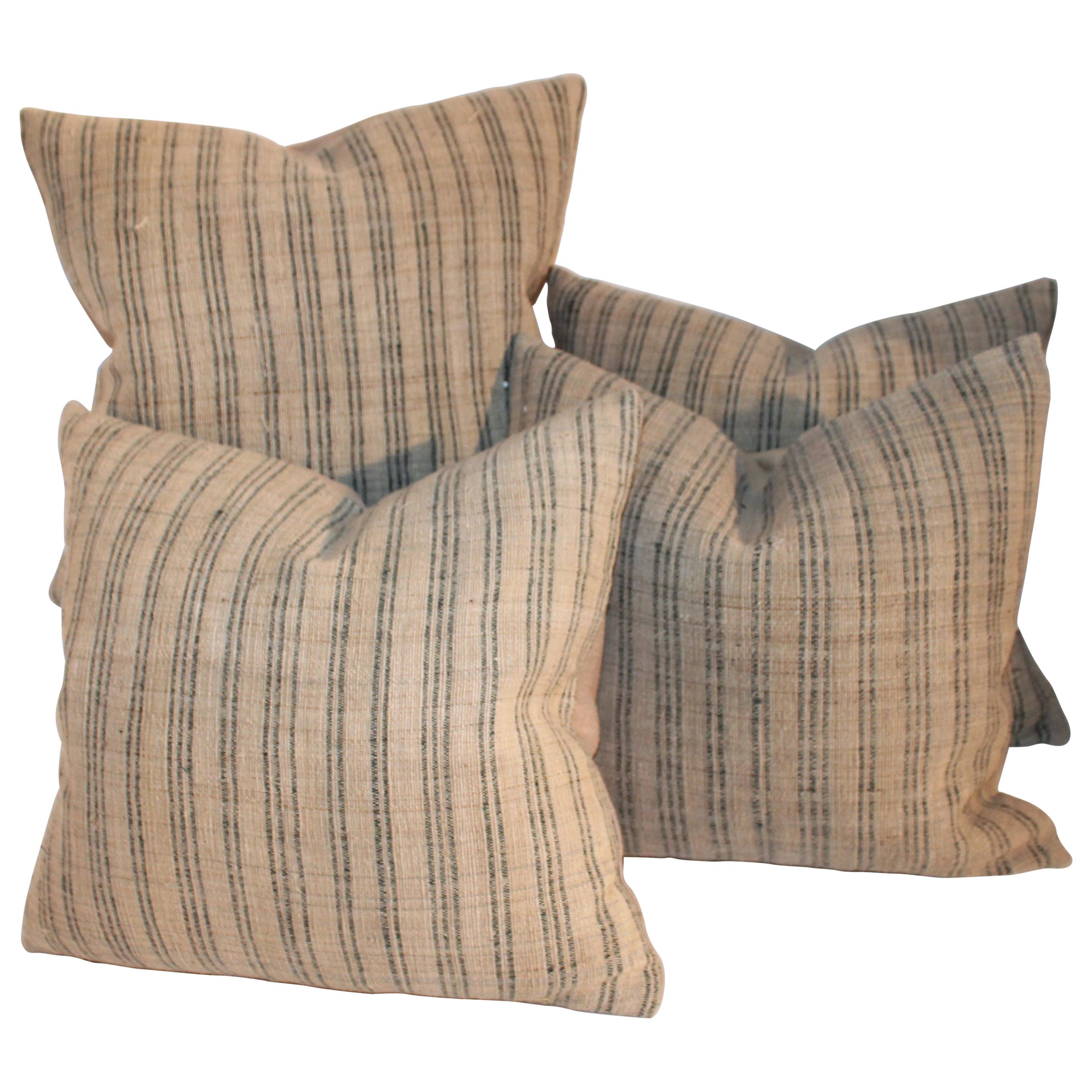 19th Century Linen Ticking Pillows, Pair
