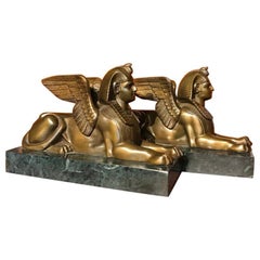 Pair of 19th Century Bronze Winged Sphinx on Marble Bases