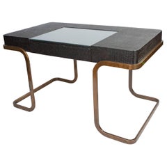 Retro Mid Century Modern Chrome and Lacquered Raffia Desk