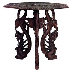 Asian Burmese Style Walnut Dragon Side Table