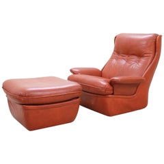  1970 Space Age Ox Red Leather Lounge Chair and Ottoman