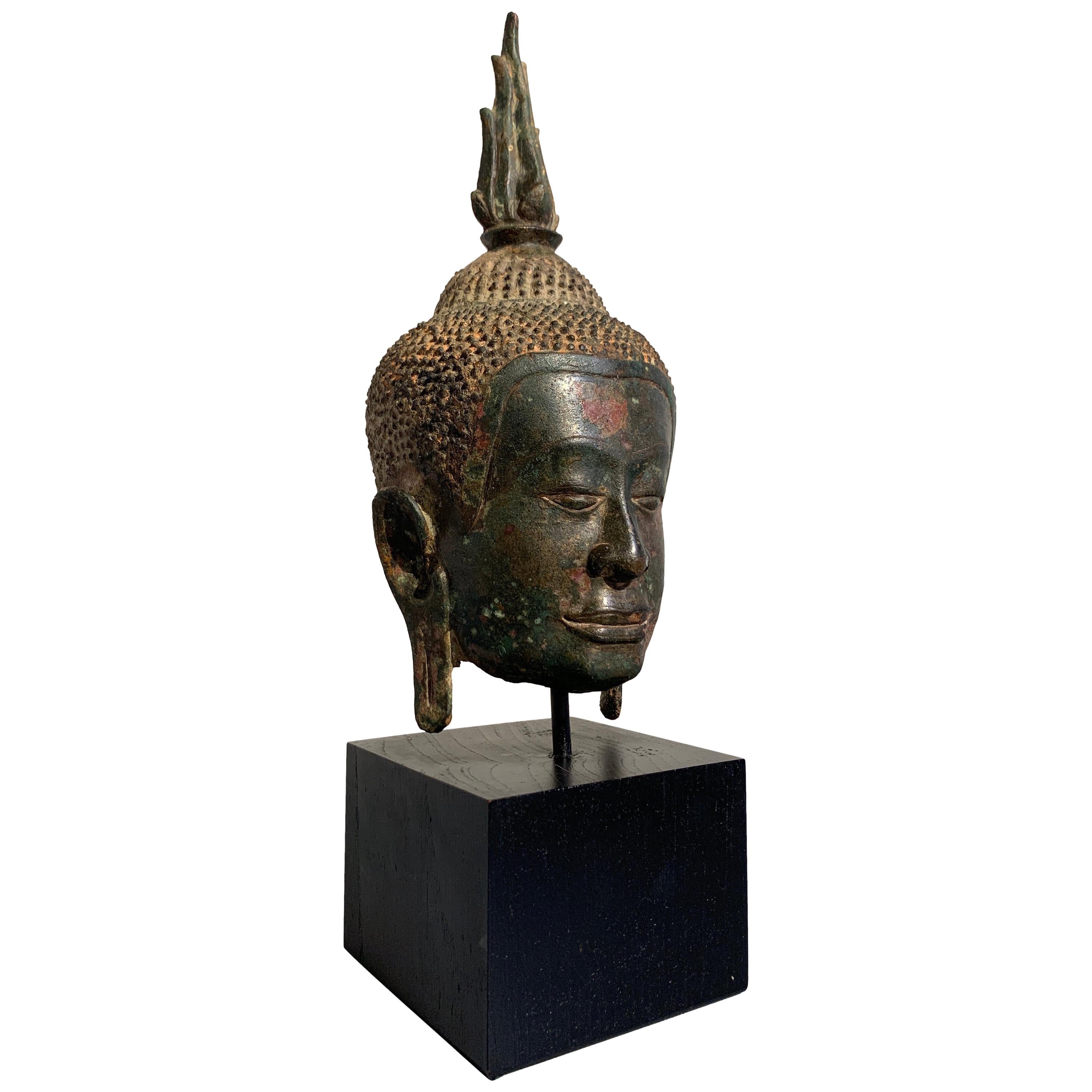 Thai Bronze Buddha Head, Ayutthaya Kingdom, U-Thong a Style, 14th Century