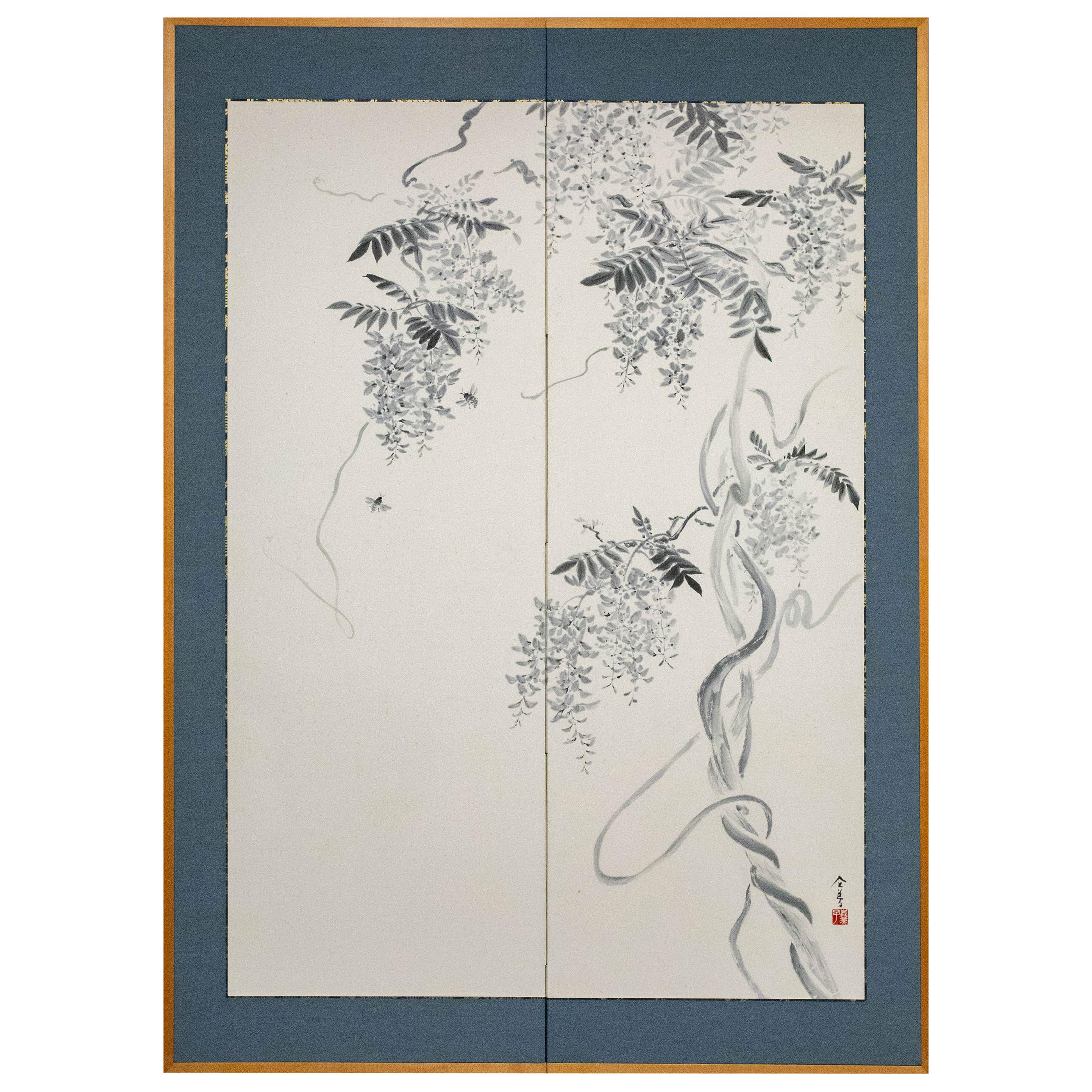 Japanese Two Panel Screen, Wisteria Vine with Bumblebees