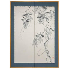 Vintage Japanese Two Panel Screen, Wisteria Vine with Bumblebees