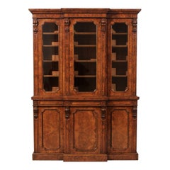 English 1880s Burled Walnut Breakfront Bookcase with Glass Doors and Volutes