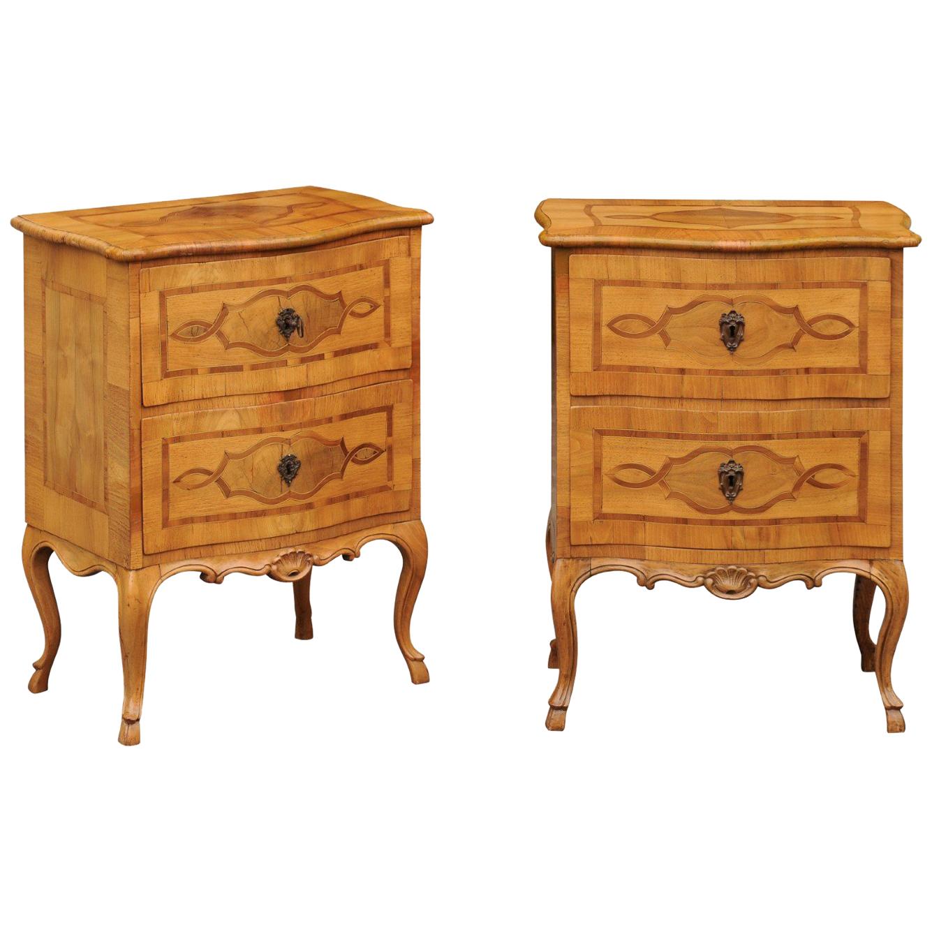 Pair of French 1870s Walnut Louis XV Style Small Commodes with Inlaid Cartouches