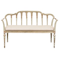 French Neoclassical Style Soft Green Painted Wooden Settee with Upholstered Seat