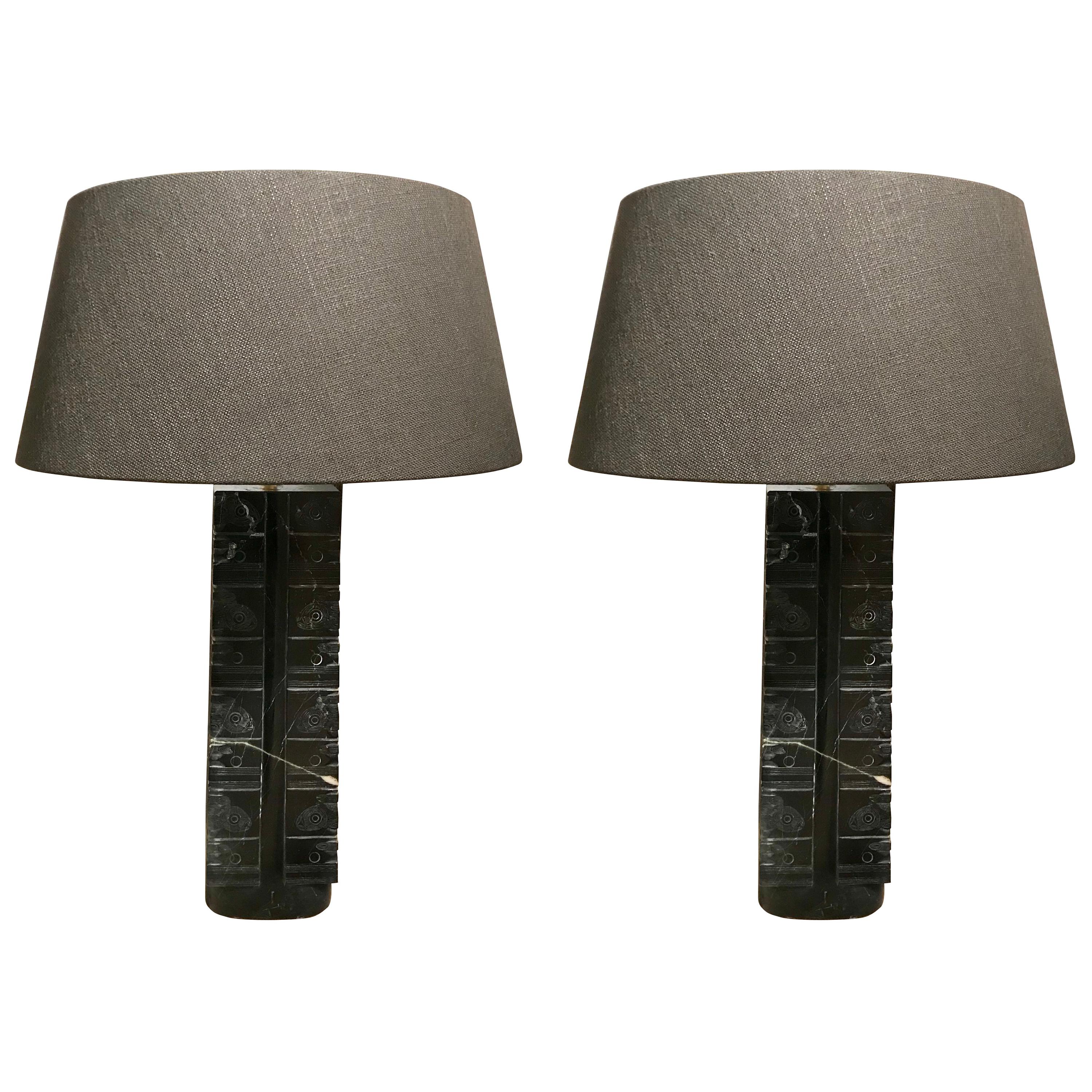 Engraved Stone Pair of Black Lamps, China, Contemporary