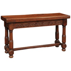 English Oak 1880s Bench with Low-Relief Carved Decor and Column-Shaped Legs