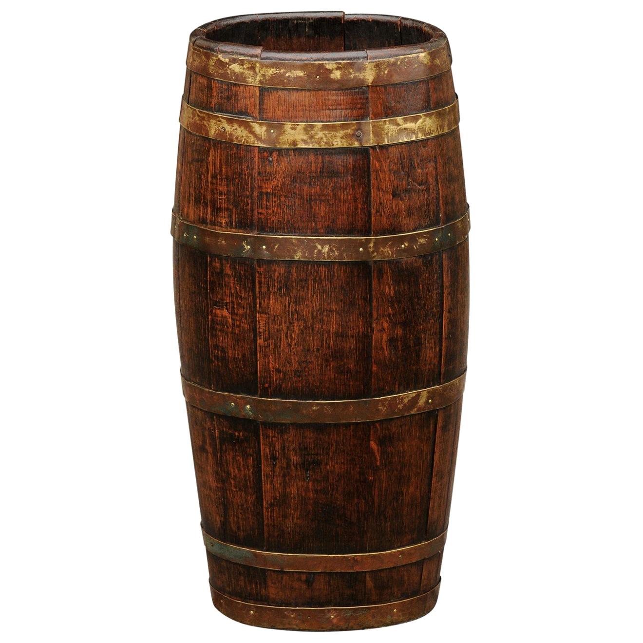 English Slender Rustic Oak Barrel with Brass Braces from the Turn of the Century