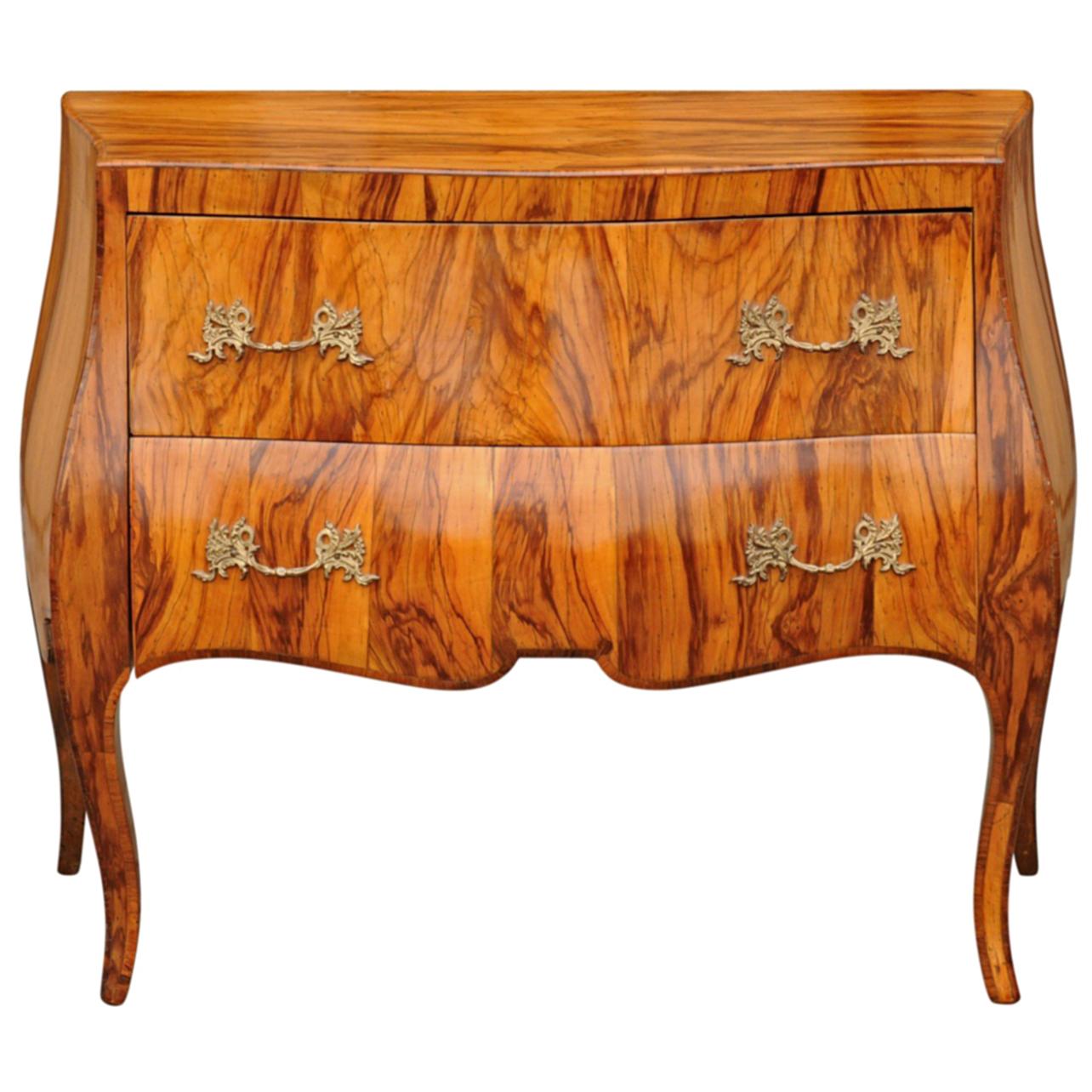 Vintage French Louis XV Style Olivewood Bombé Two-Drawer Chest, circa 1950 For Sale