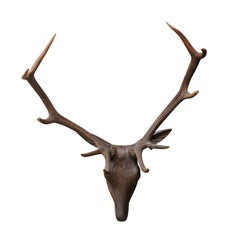 Black Forest Hand Carved Wood Stag Head, circa 1920 with Authentic Antlers