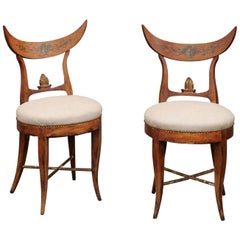 Pair of Italian 1860s Upholstered Side Chairs with Crescent Backs and Saber Legs