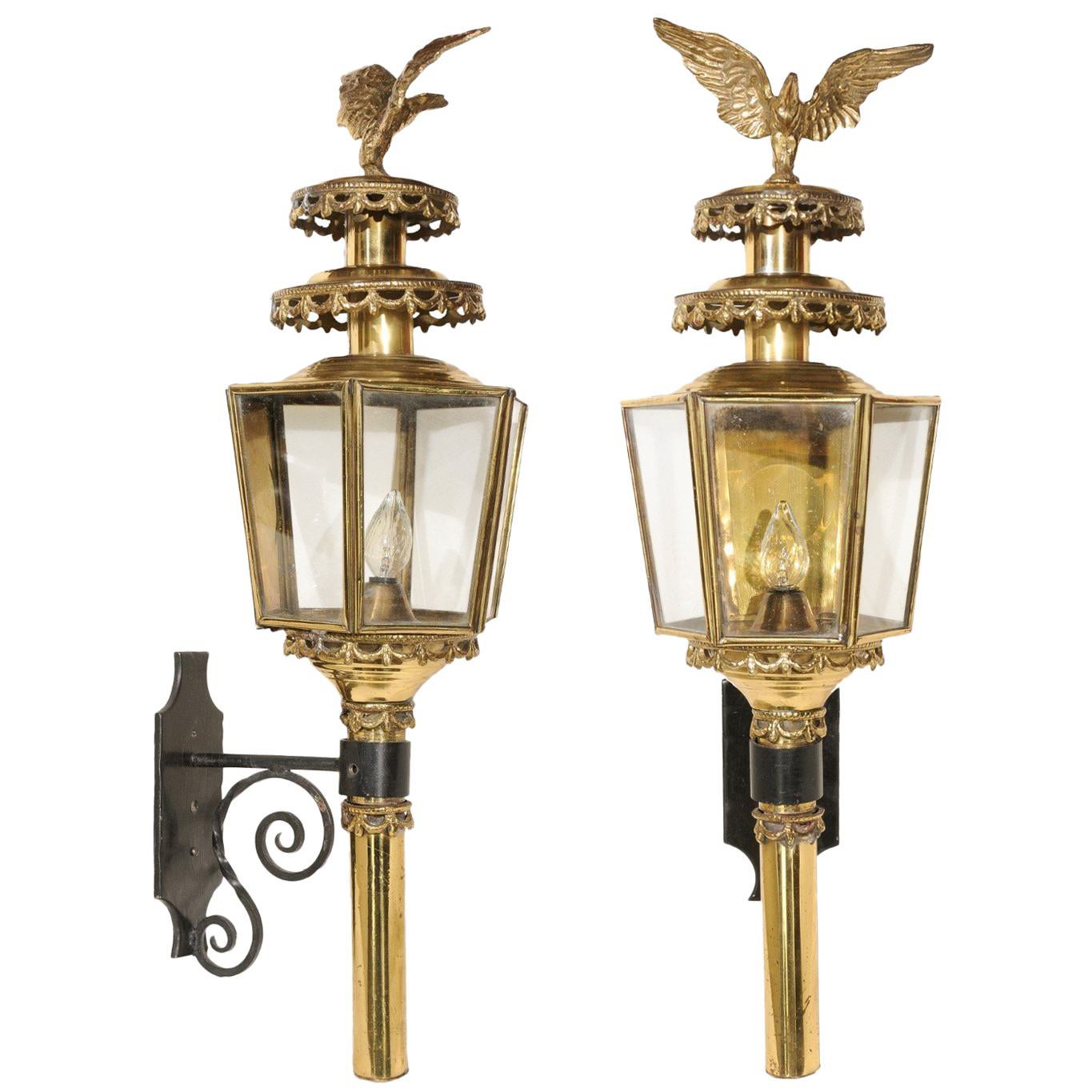 Pair of American 1900s Brass Lanterns with Eagles and Hexagonal Glass Body