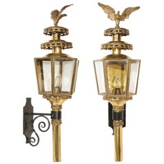 Antique Pair of American 1900s Brass Lanterns with Eagles and Hexagonal Glass Body