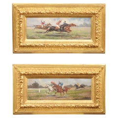 Antique Pair of Late 19th Century American Oil Horse Racing Paintings in Giltwood Frames