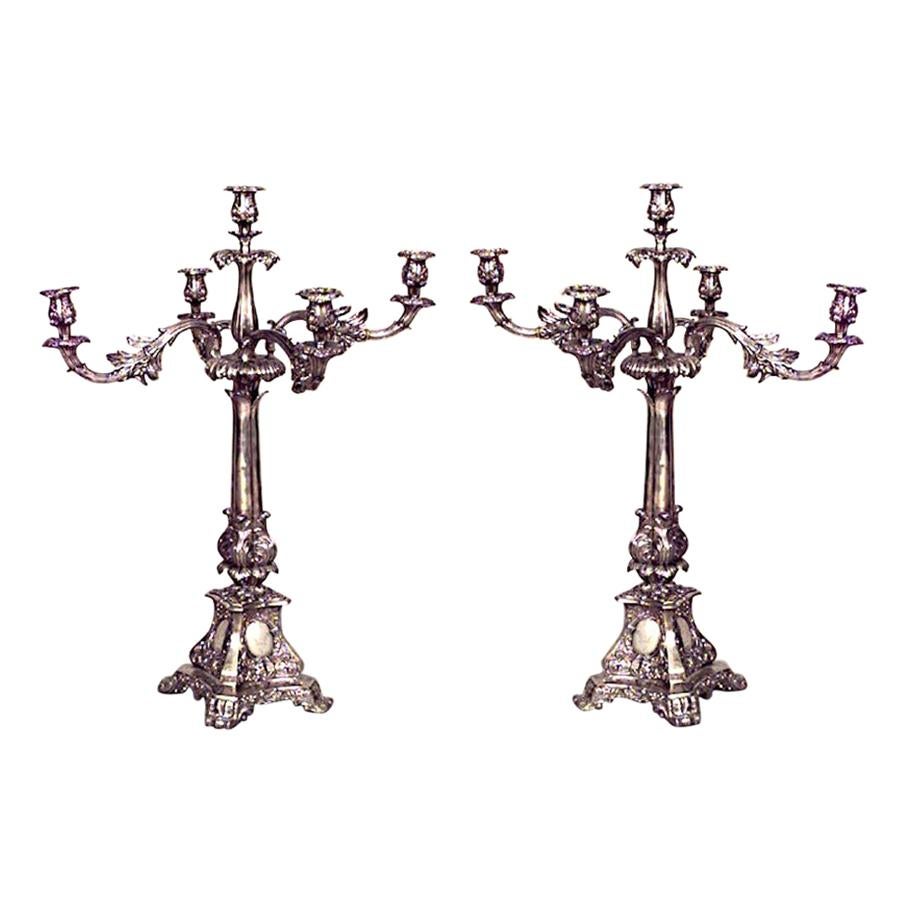 Pair of English Georgian Style Silver Plate Candelabras For Sale