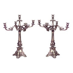 Antique Pair of English Georgian Style Silver Plate Candelabras