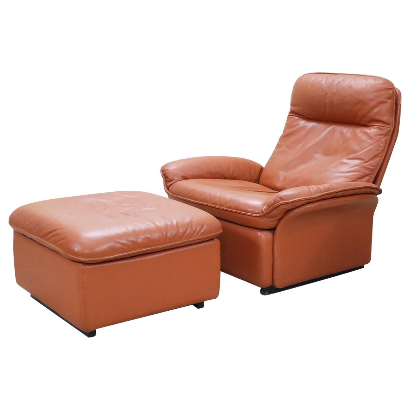 De Sede Model DS 49 Cognac Brandy Leather Lounge Chair and Ottoman