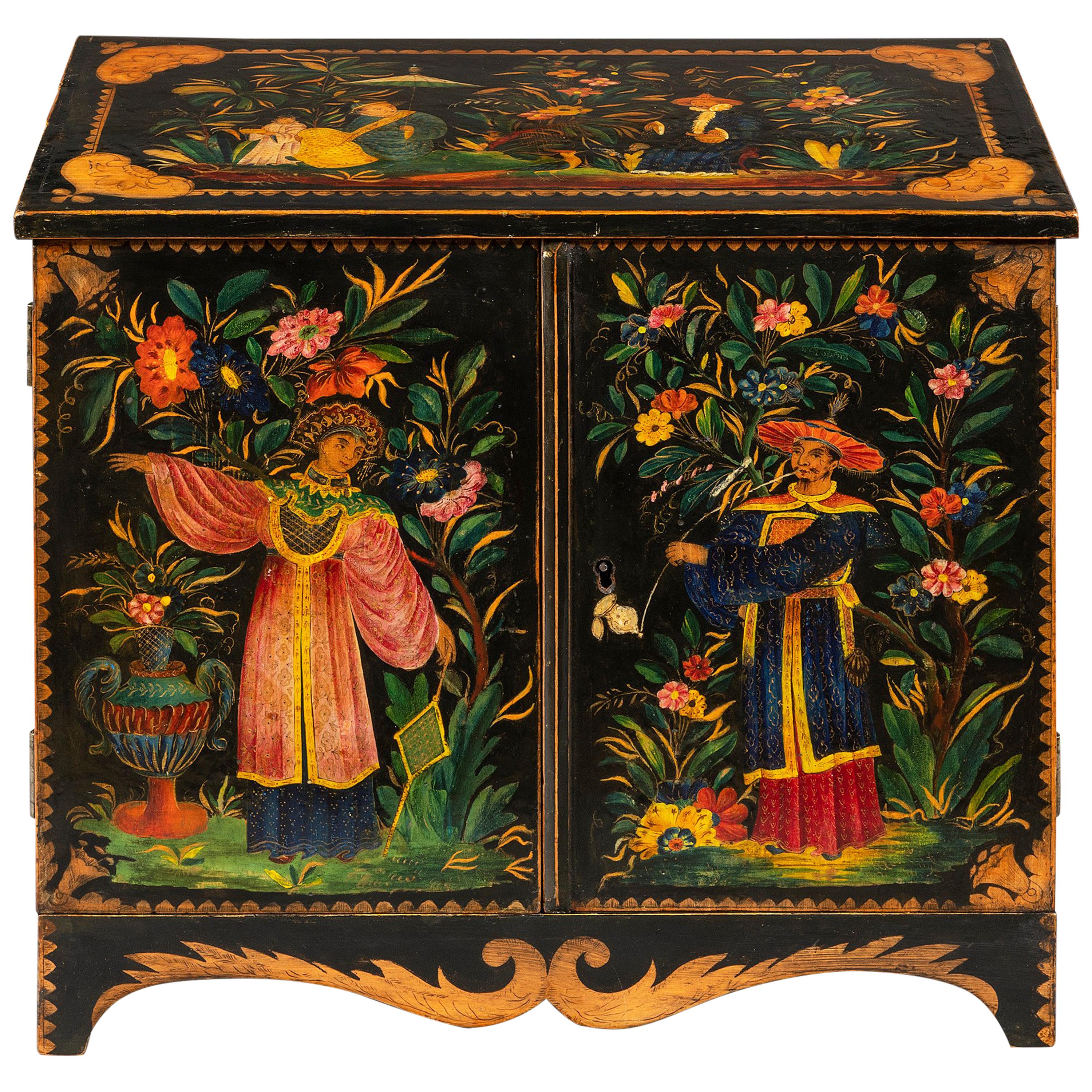 Regency Period Polychrome Penwork Chinoiserie Table Cabinet  For Sale