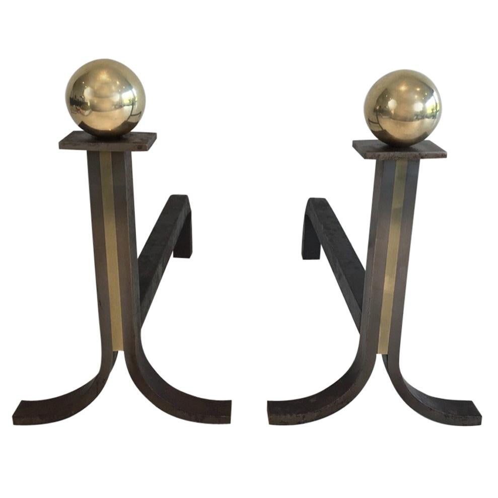 In the Style of Jacques Adnet, Pair of Modernist Steel, Iron and Brass