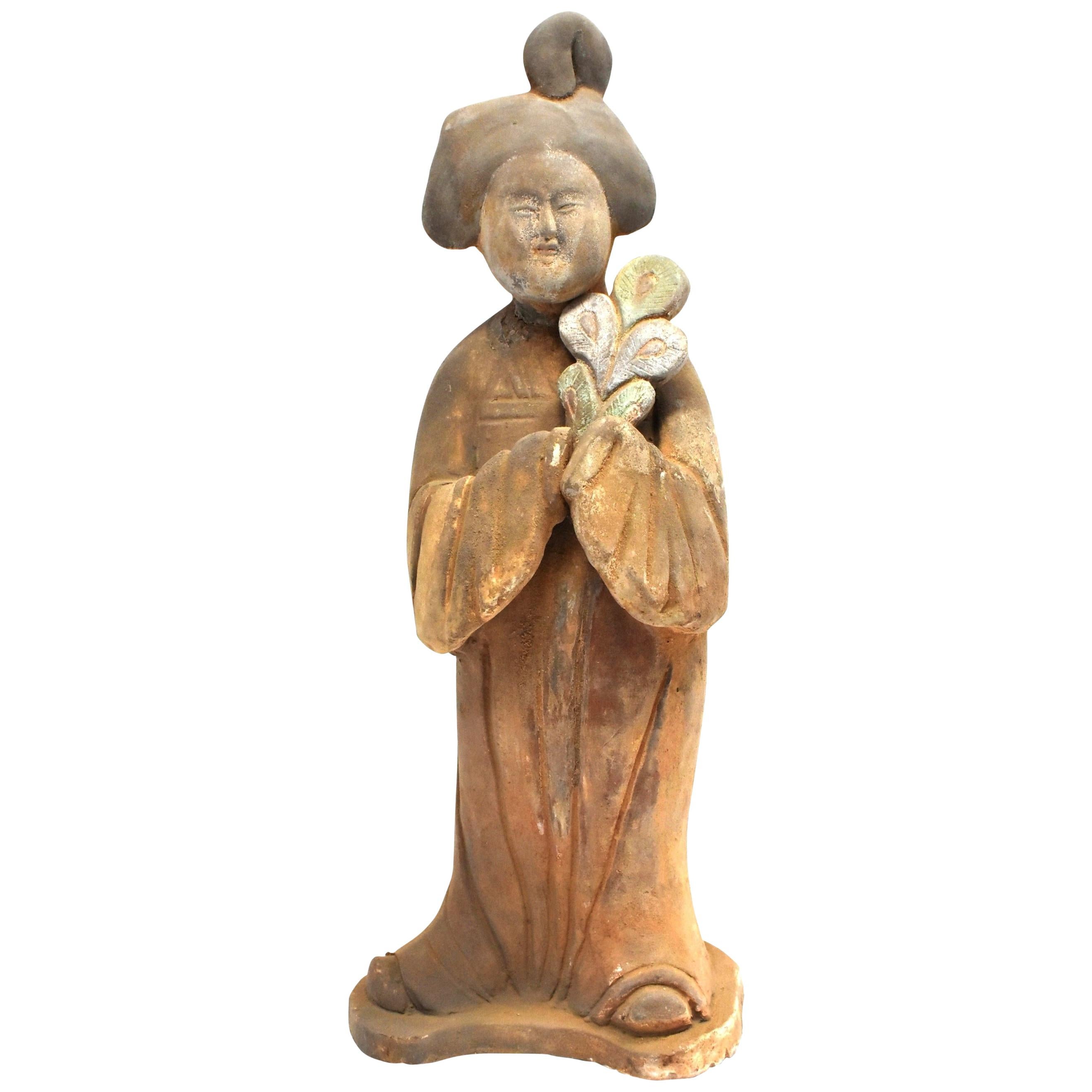 Chinese Terracotta Court Lady with Peacock Feather, Tang Style