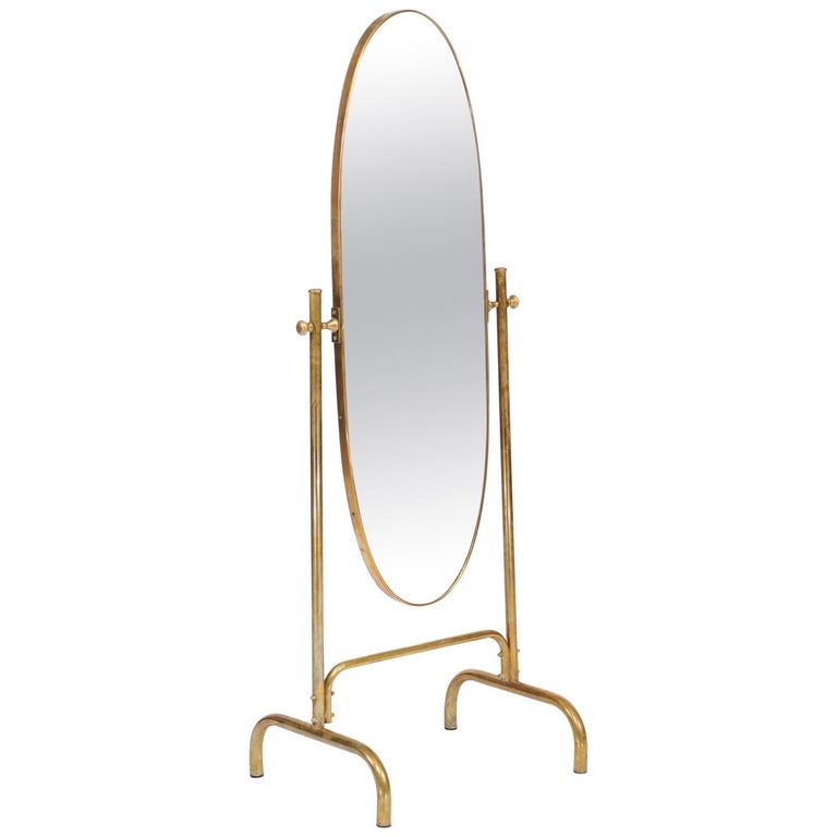 Vintage Italian Midcentury Brass Standing Cheval Mirror With Oval Frame 1960s