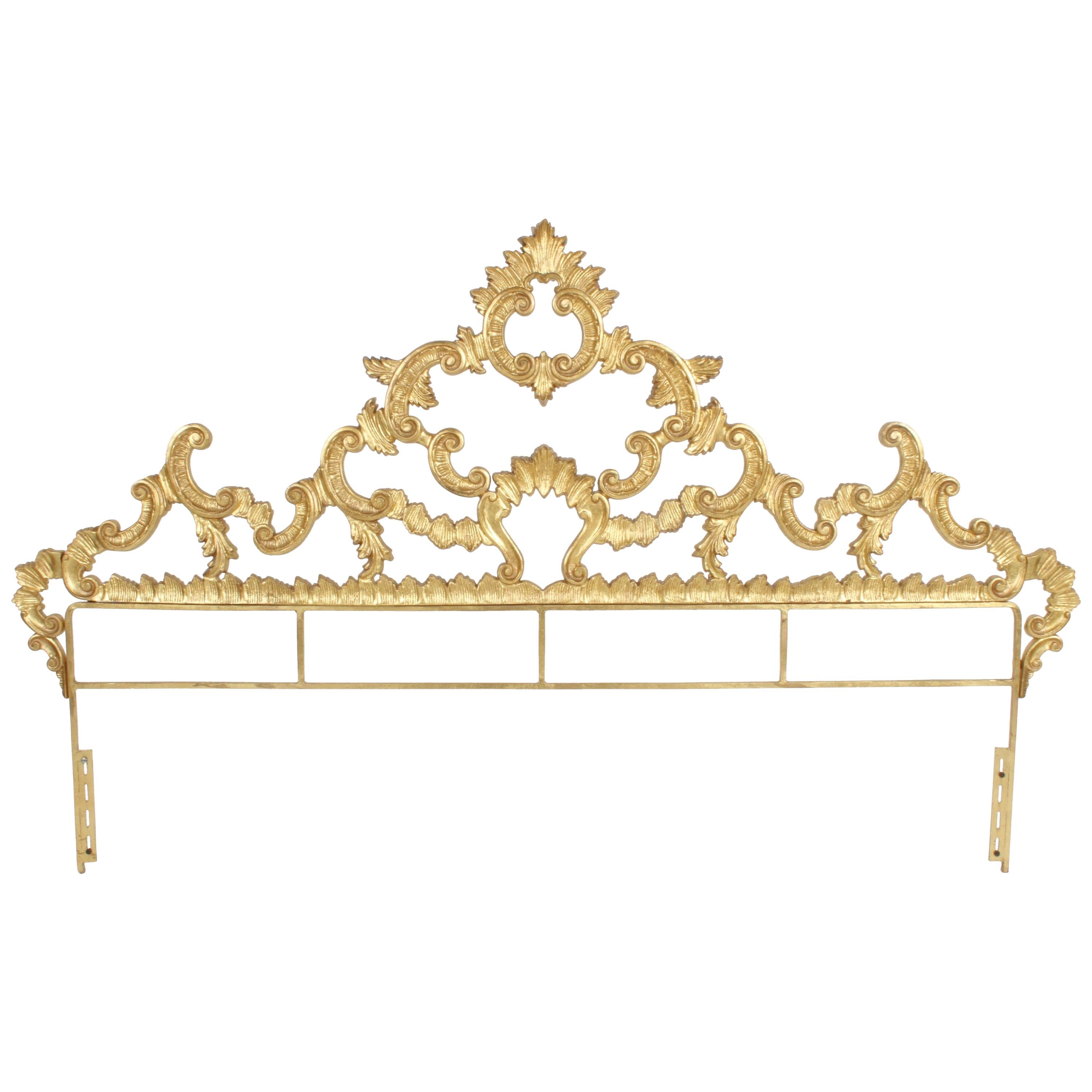 1960s Rococo Style Italian Gold Gilt Metal King Headboard