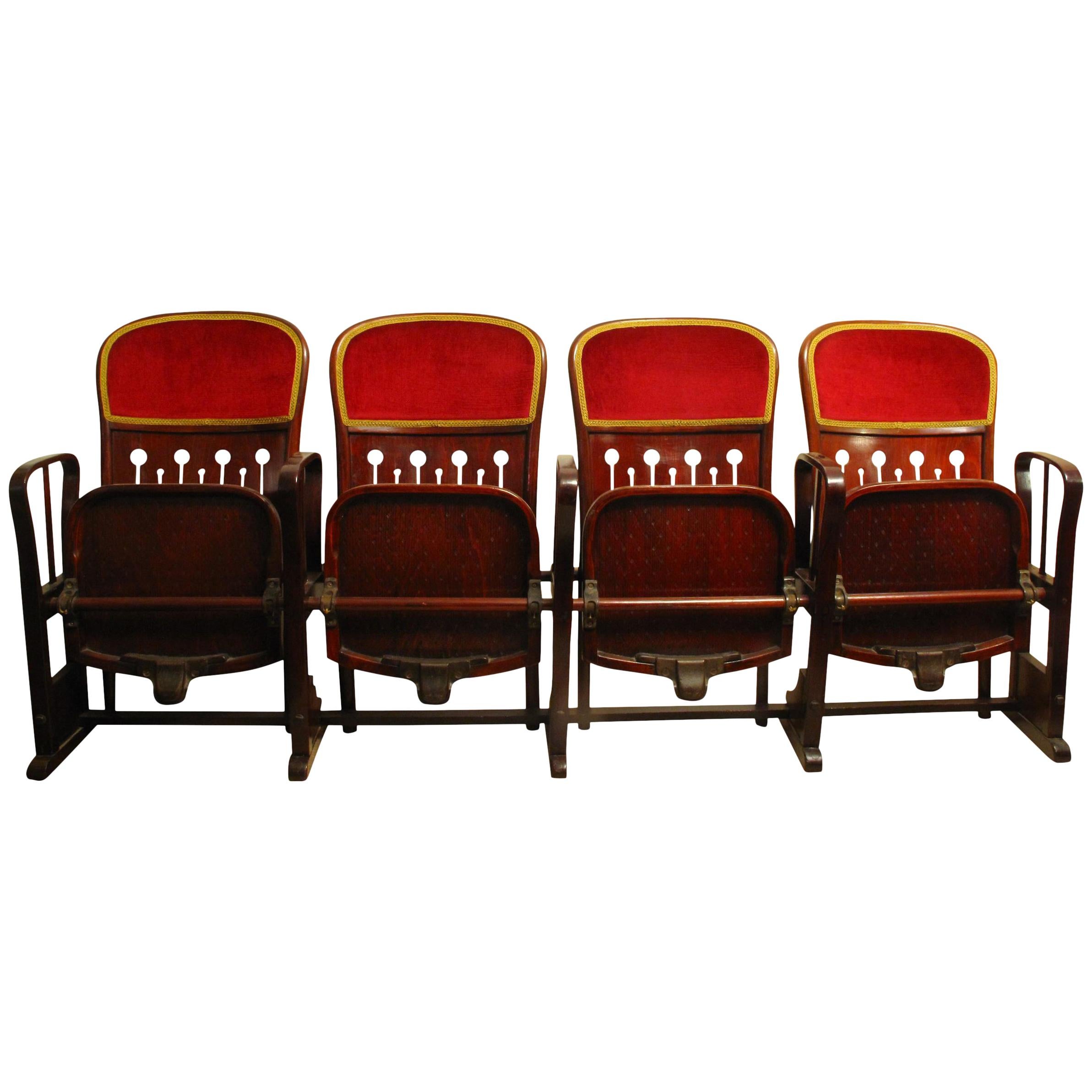 Row of Four Bentwood Viennese Theatre Chairs by Thonet, circa 1907 For Sale