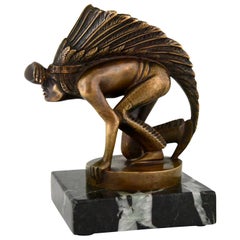 Mascotte de voiture de vigie indienne en bronze Art Déco Guillaume Laplagne:: 1930