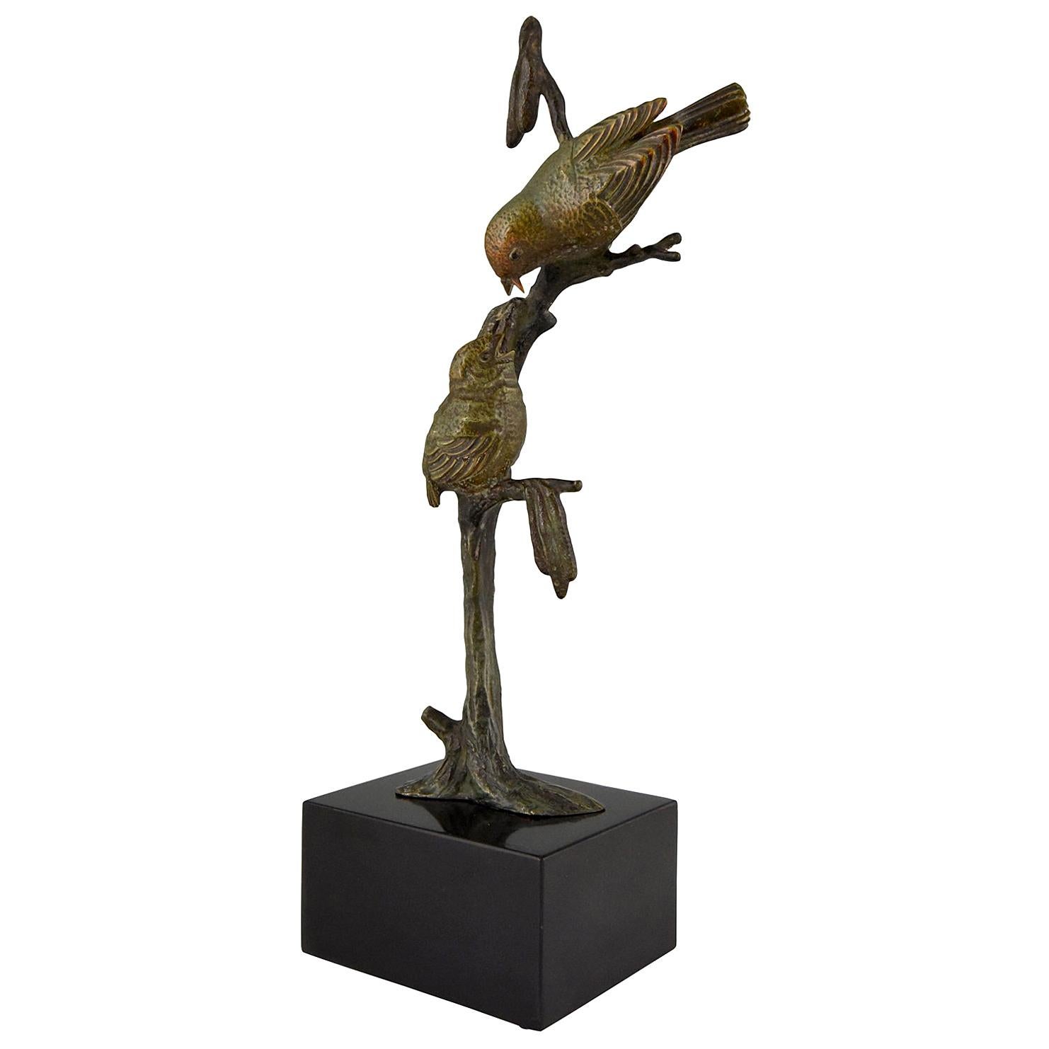 Art Deco Bronze Sculpture Two Birds on an Branch by Irenee Rochard, 1930